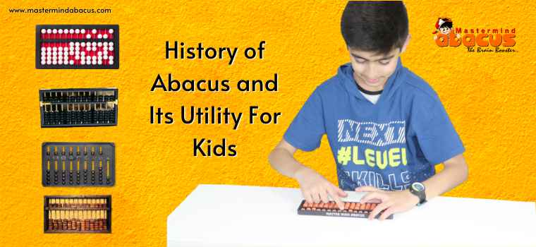 History of Abacus tools with kid calculating on modern Abacus.