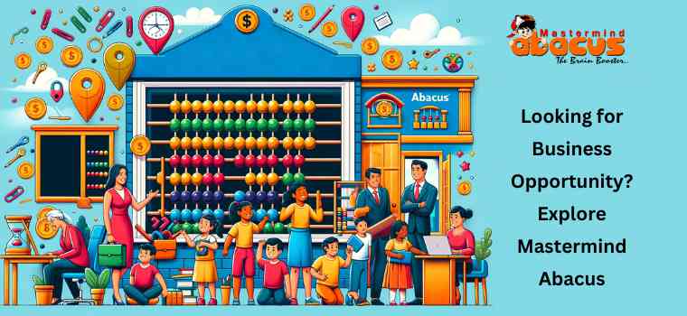Image of children using abacus, a 'Mastermind Abacus' store, and an entrepreneur, representing education and business