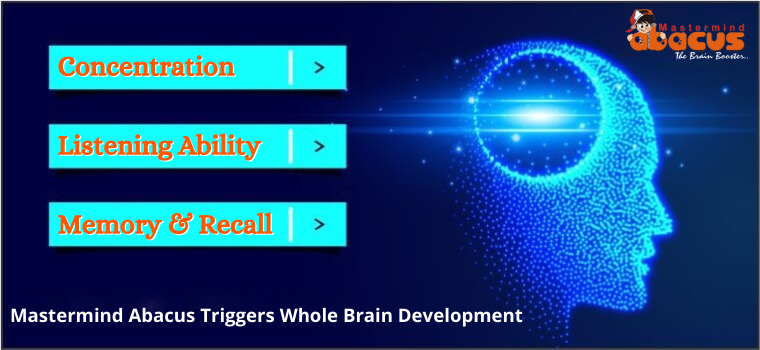 Visual depicting the importance of Concentration, Listening, Memory & Recall and that Abacus triggers whole brain development.