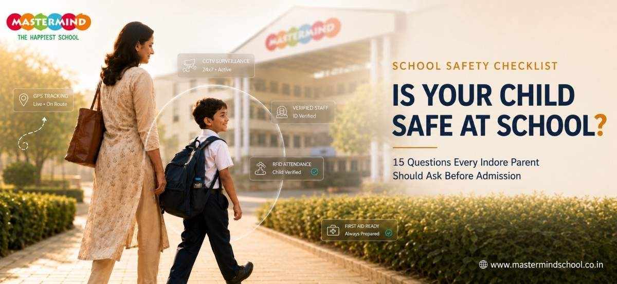 A mother walks her school-aged son toward a Mastermind school campus, with safety features highlighted around them, including GPS tracking, CCTV surveillance, verified staff, RFID attendance, and first-aid readiness. Text reads: “School Safety Checklist – Is Your Child Safe at School? 15 Questions Every Indore Parent Should Ask Before Admission.”